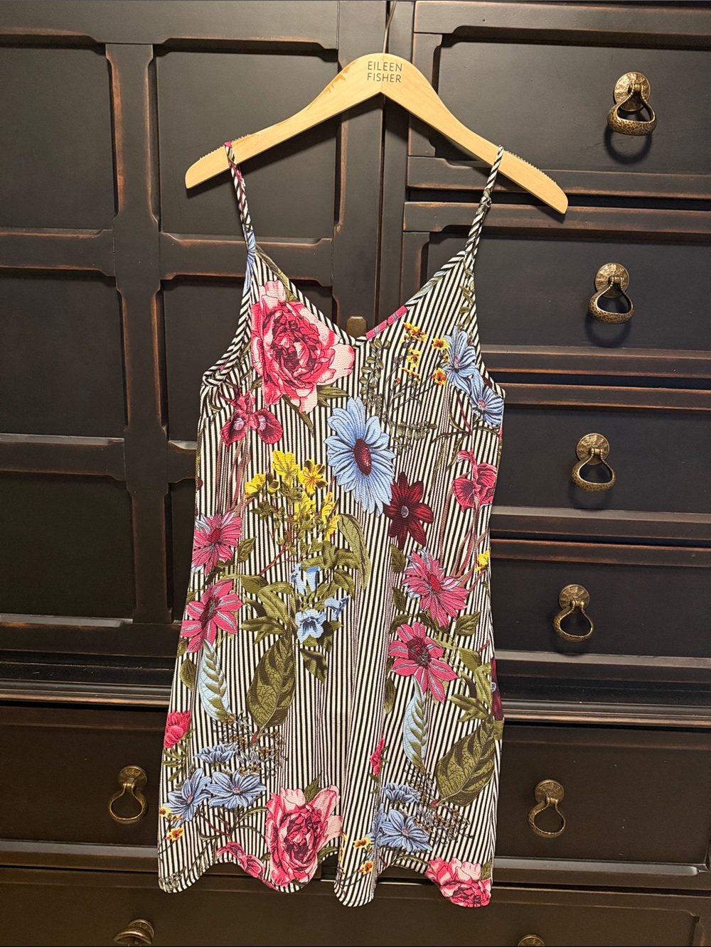 Floral Stripe Mini Slip Dress in Black, White & Pink